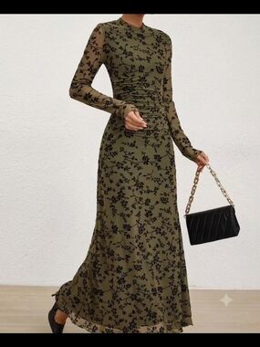 Long Sleeve Olive Green Floral Maxi Dress
